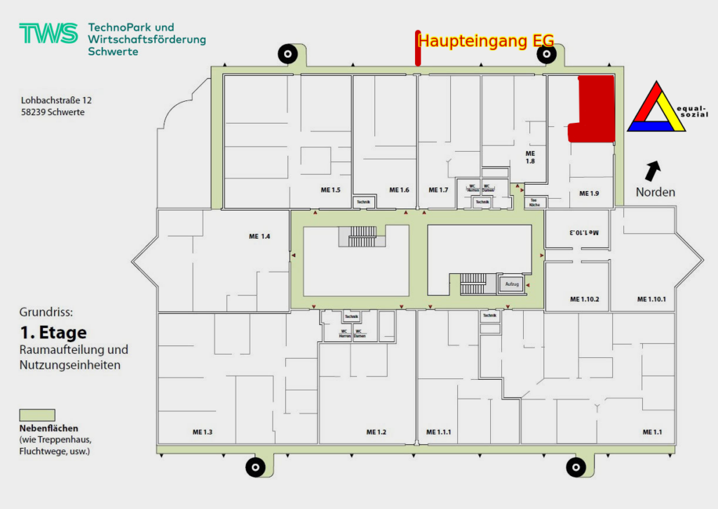 Grundriss des 1.OG im Technologiezentrum Schwerte. Farblich markiert wurde der Haupteingang im darunterliegenden EG und das Büro der equal-sozial GmbH.